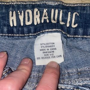 A pair of hydraulic jeans. Normal wear size 1/2 which fits like a 26.